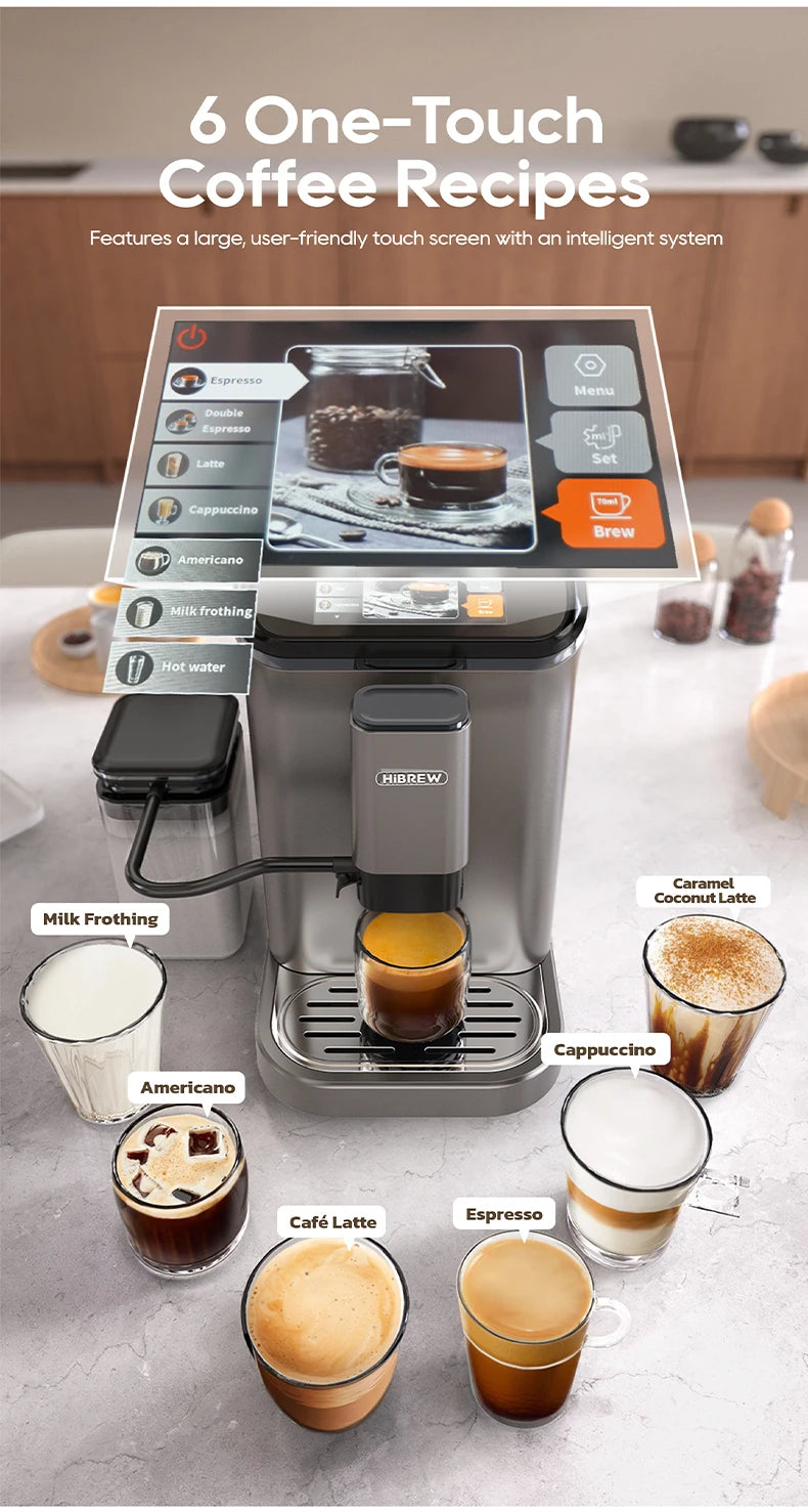 HiBREW automatic espresso machine with large touchscreen, milk frother, and 6 one-touch coffee drink presets.