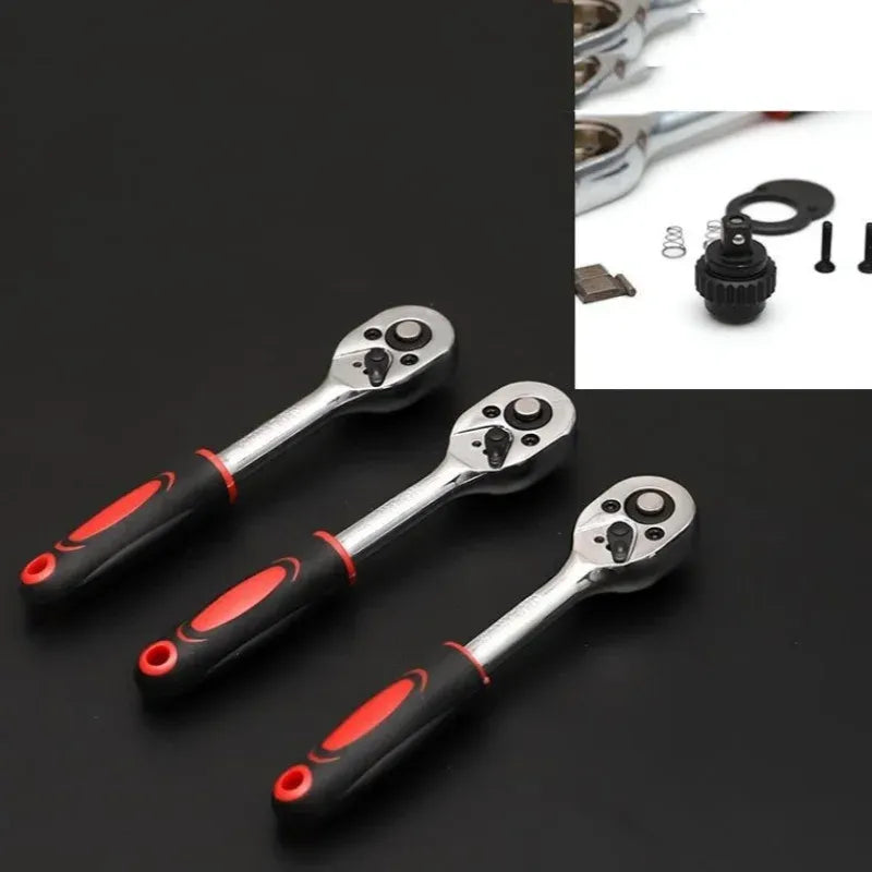 Ratchet wrenches with black handles and red grip accents for car repair