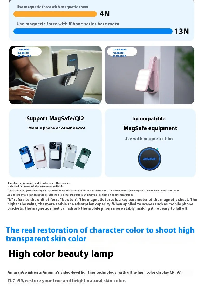 Magnetic beauty lamp for phones and laptops, featuring high-CRI lighting, magnetic mounting, and a circular metal disc.
