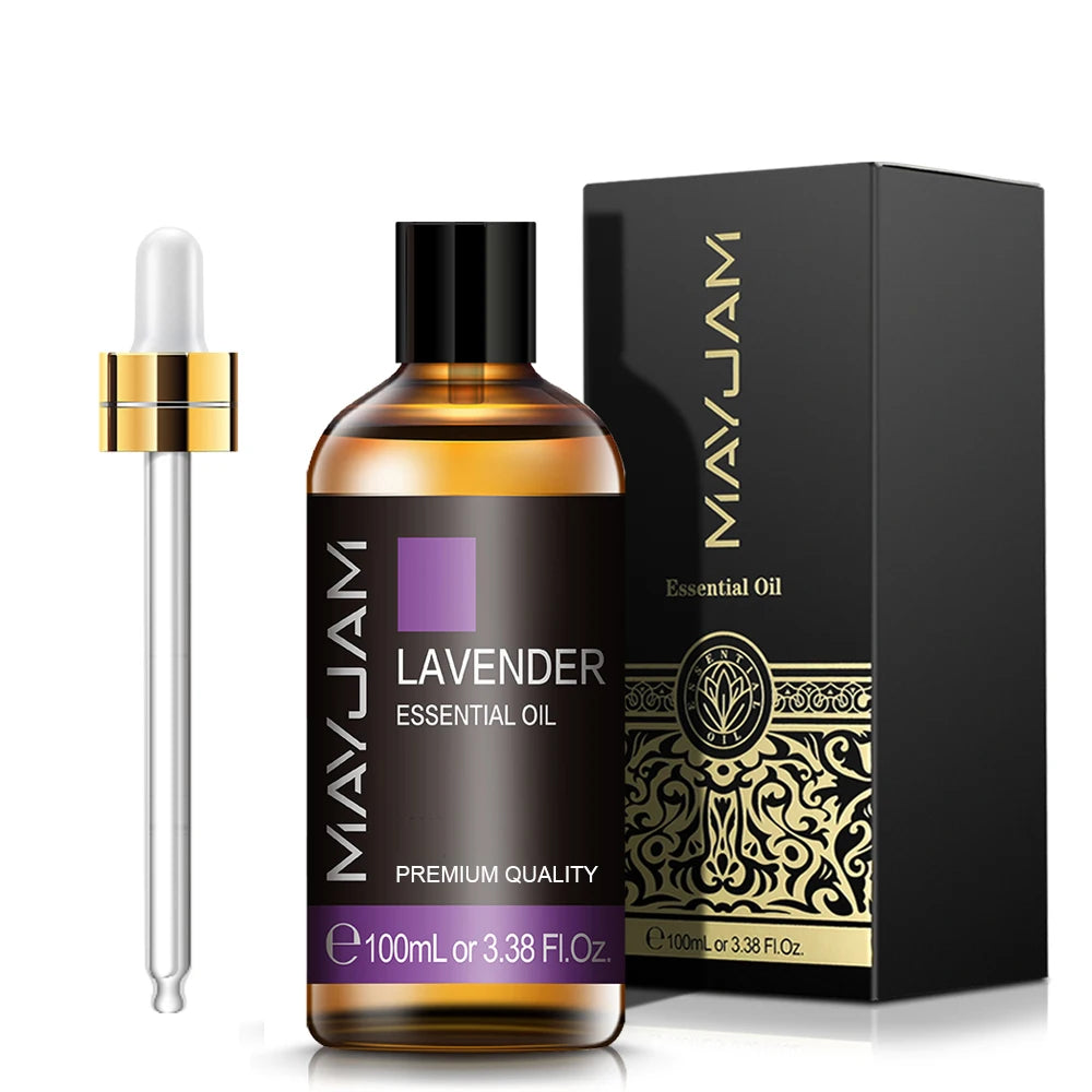 100 mL lavender essential oil bottle with gold cap and matching dropper
