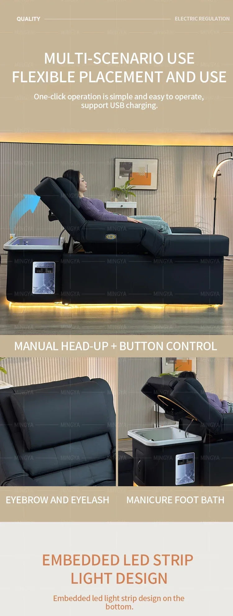 Massage Shampoo Bed with Foot Spa - Professional Black Spa Chair Massage Chairs Tidesmit