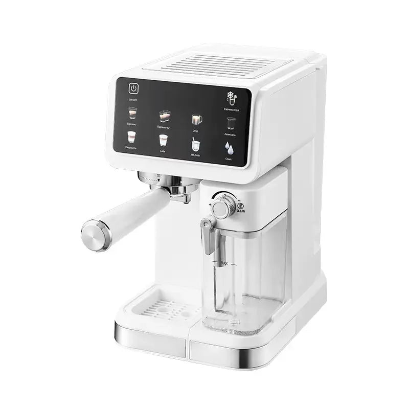 White compact espresso machine with built-in milk frother, digital touch control panel, and portafilter.