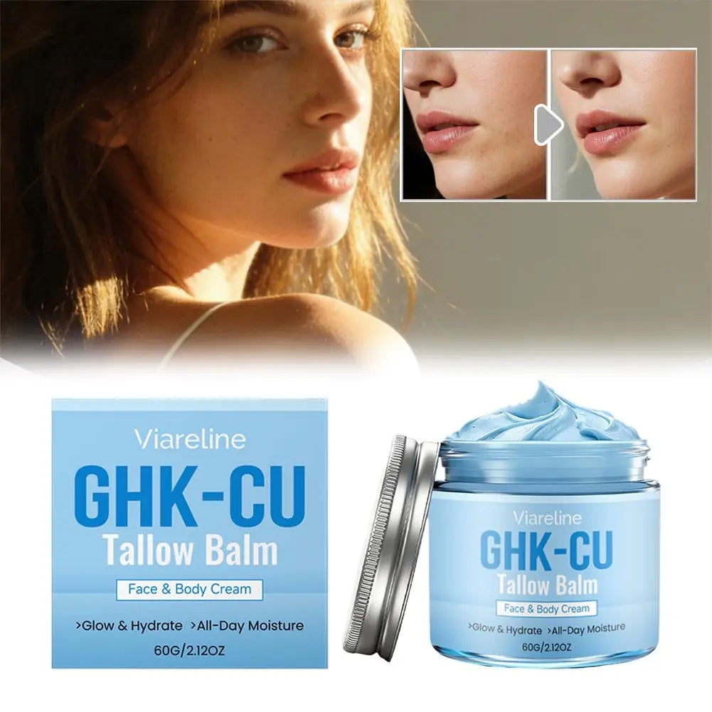 Natural GHK-CU Copper Peptide Tallow Balm Blue Cream - Brighten Hydrating Face & Body Moisturizer, for Dry Sensitive Mature Skin