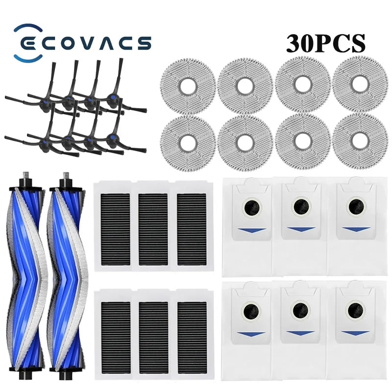 30-piece replacement cleaning kit: side brushes, roller brushes, foam filters, and dust bags