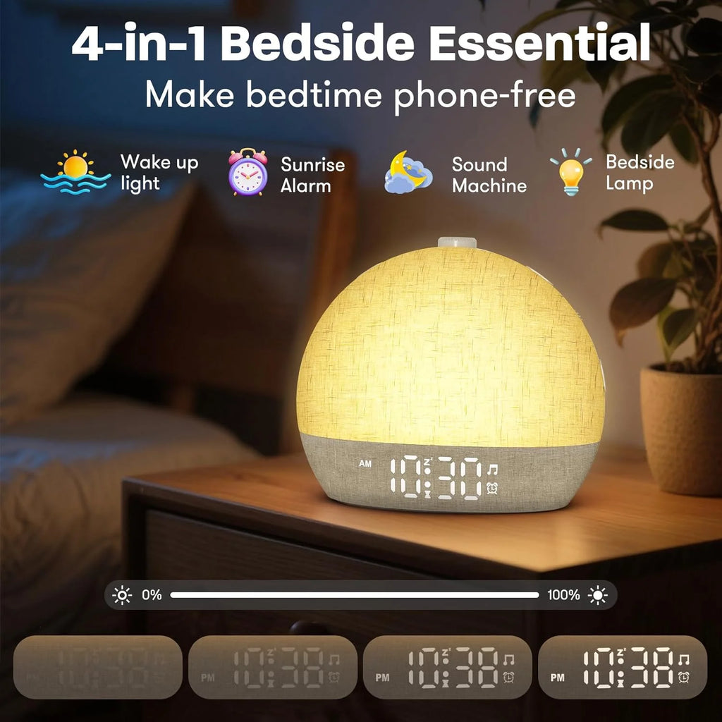 Wake Up Lights Sunrise Alarm Clock Dimmable Night Light White Noise Sound Machine with 30 Soothing Sounds for Heavy Sleeper Gift