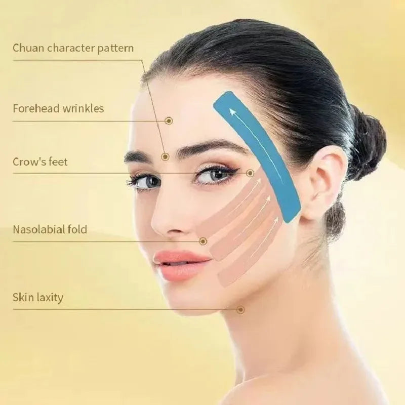 A woman with skin-colored and blue face-lifting tape applied to her face, with labels indicating facial treatment areas.