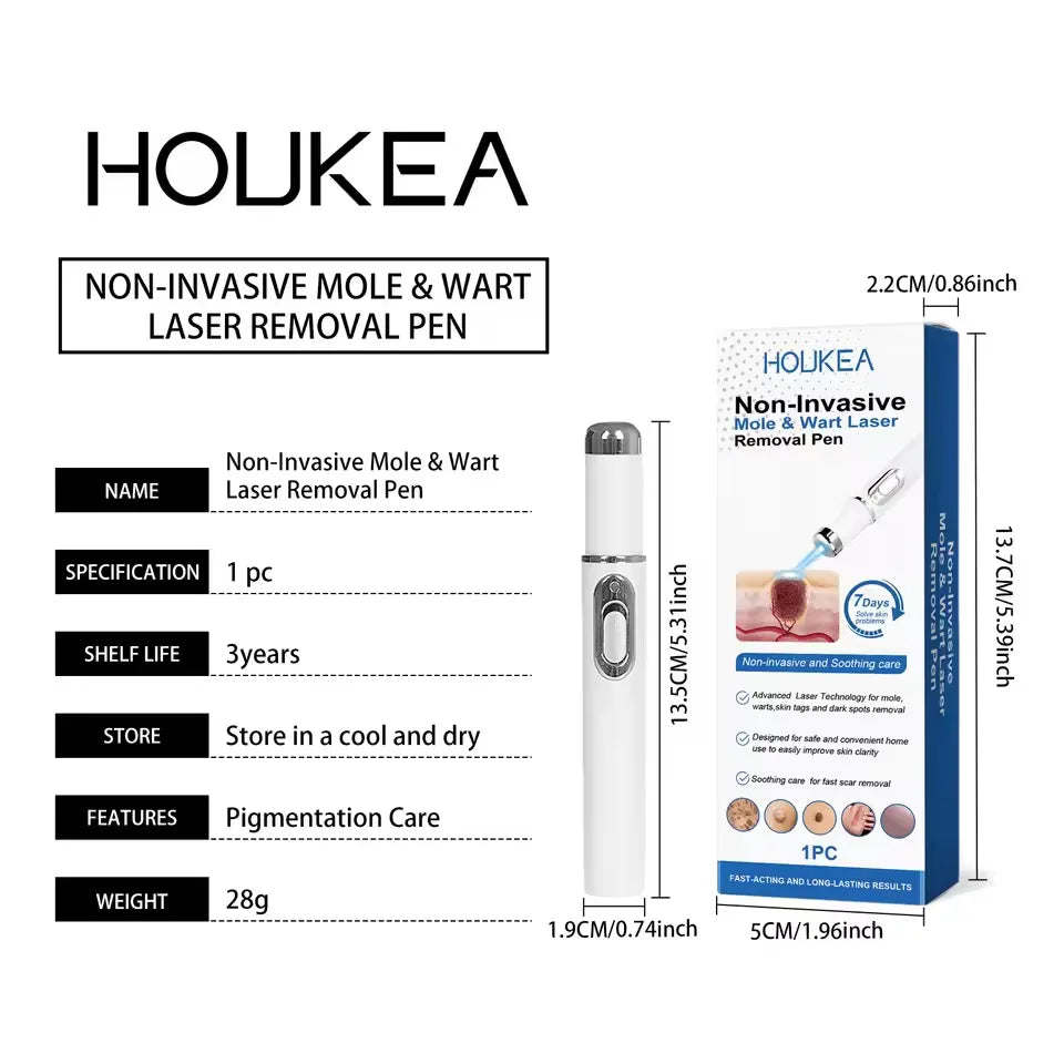 Portable white blue light laser pen for painless home removal of warts, skin tags, and moles with product packaging.