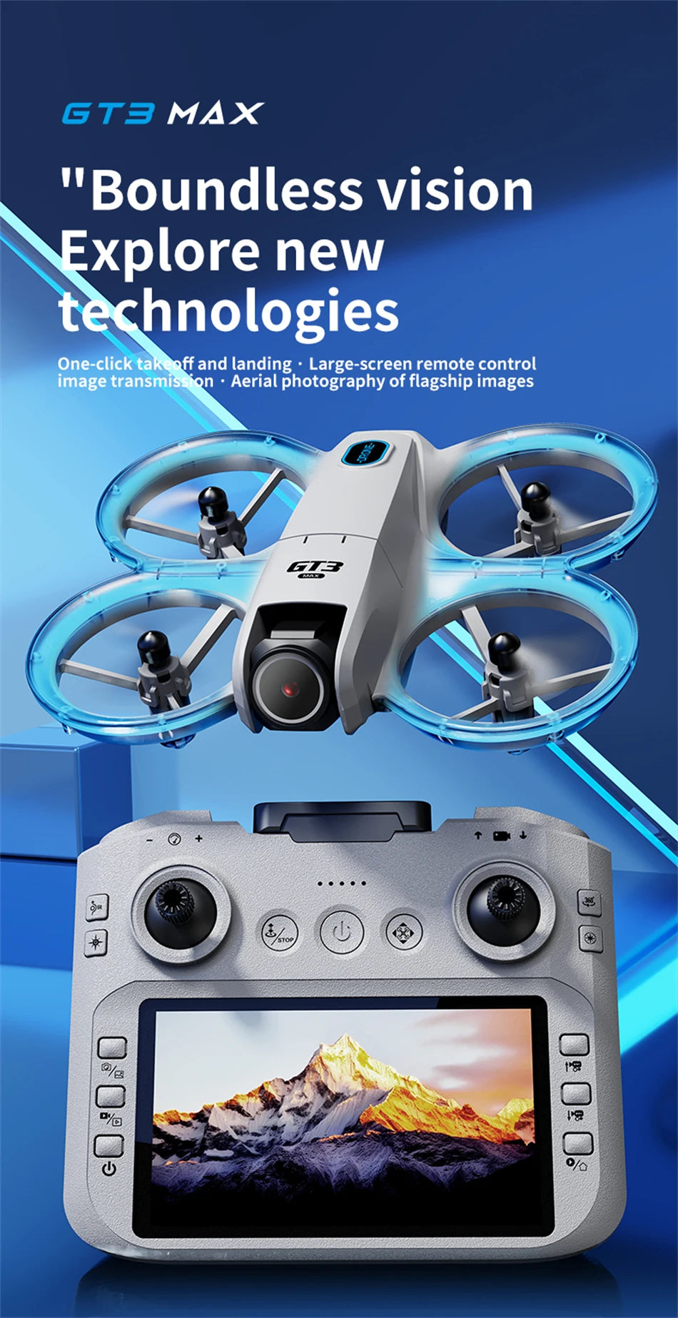 GT3 Max quadcopter drone with blue-lit propeller guards and a remote controller featuring a built-in display screen.