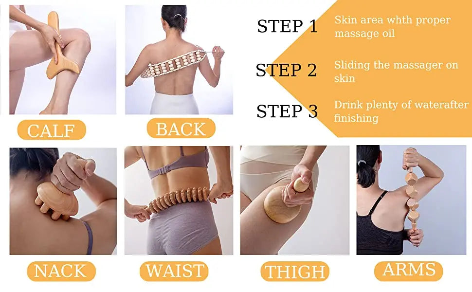 Wood Therapy Massage Tools for Body Contouring | 6 Piece Kit Relaxation Treatment Tidesmit