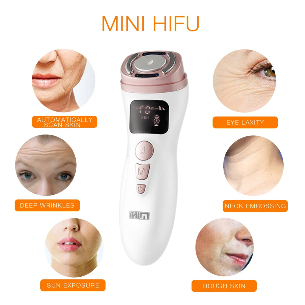 White and rose gold handheld HIFU facial massager with a digital screen, surrounded by skin texture sample circles.