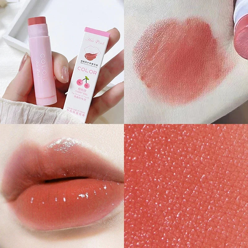 Moisturizing cherry red tinted lip balm with a smooth, glossy finish to hydrate lips and reduce fine lines.