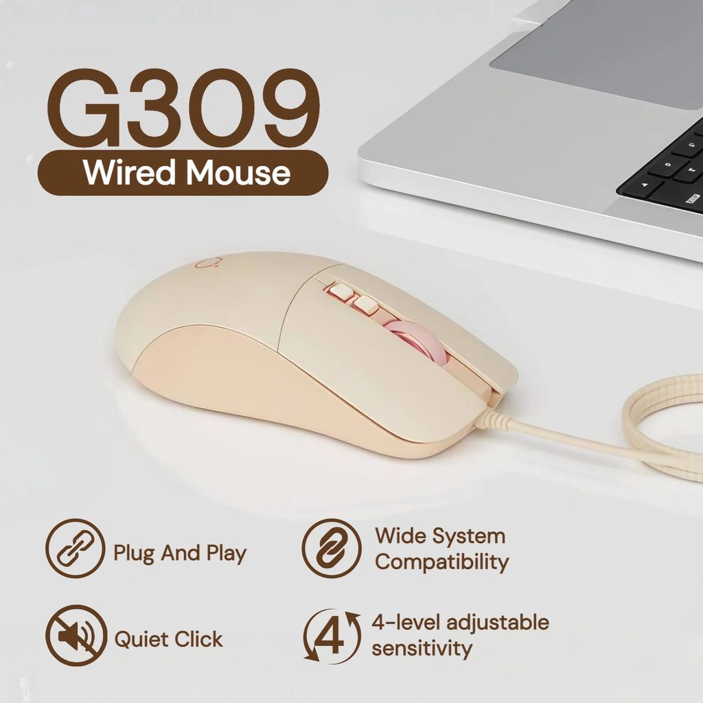 Silent Wired Mouse Aesthetic 2400 DPI Ergonomic USB Optical Computer Mouse for Women Girls Students Office Home Work Laptop PC MacBook Desktop Quiet Click Plug Play Cute Kawaii Mute Mice Sage Green Pink Beige Minimalist Desig