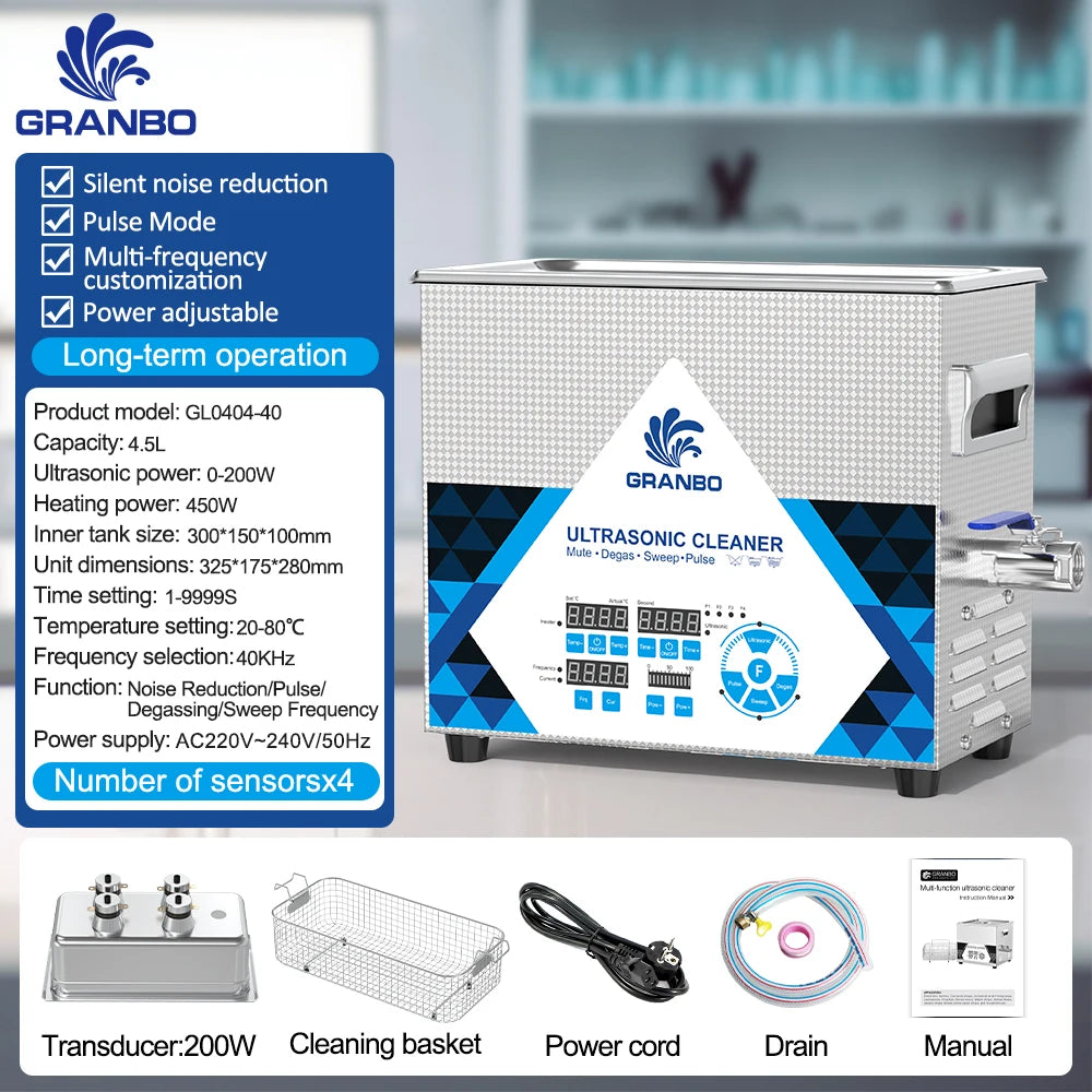 Tidesmit 4.5L ultrasonic cleaner featuring 200W multi-frequency 40-200KHz control panel for precision cleaning