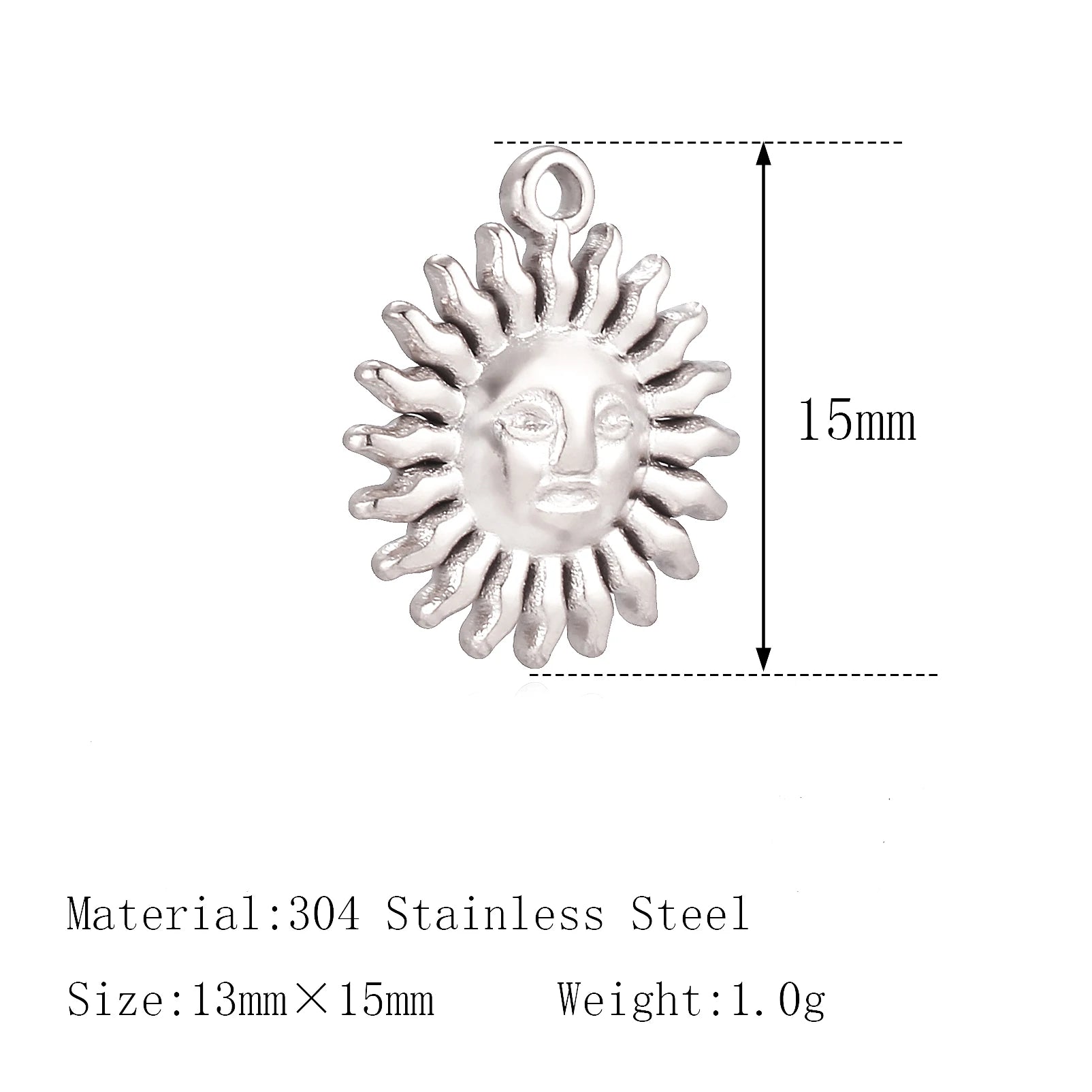 Silver sun face stainless steel charm pendant, 15mm DIY jewelry accessory for pet collars, bracelets, and necklaces.