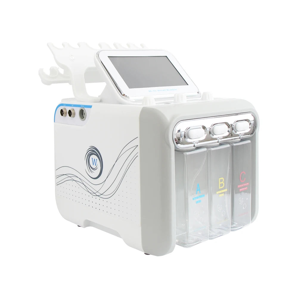 White AOKO 6-in-1 hydro dermabrasion facial machine with touchscreen, three solution bottles, and spa skin care design.