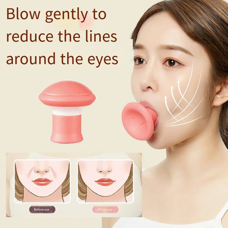 Pink, mushroom-shaped silicone facial exercise tool shown in use by a woman to lift and tone facial muscles.