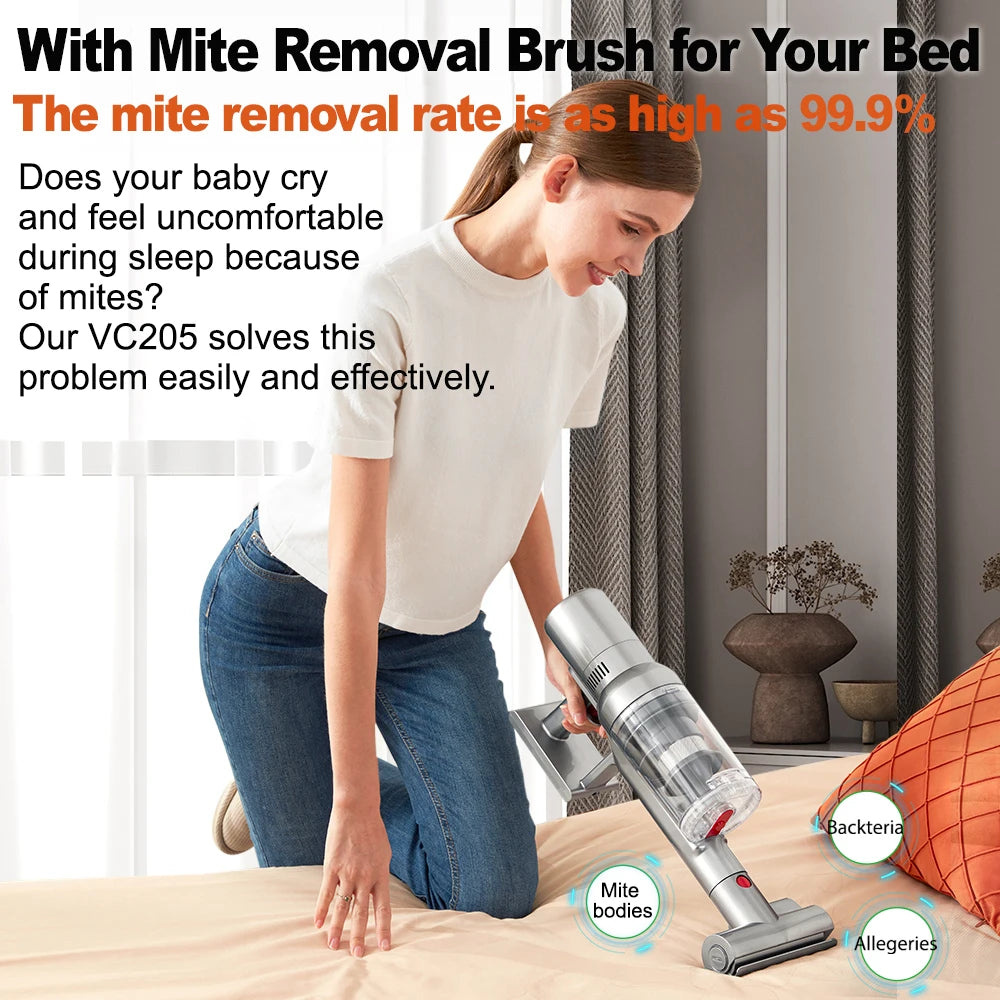 Tidesmit VC205 cordless handheld vacuum showing digital touch screen and smart dust sensor interface