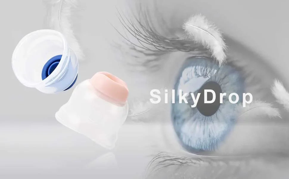 Reusable SilkyDrop silicone eye drop guide tool with pink and blue tips for precise, easy eye medication application.