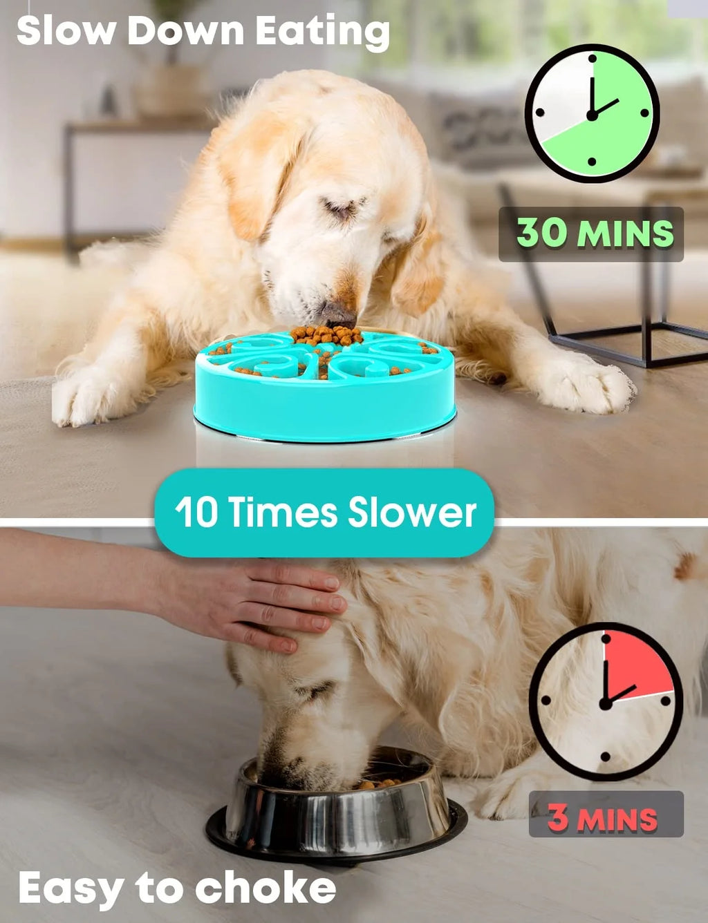 Blue non-slip slow feeder dog bowl prevents anti-gulping, helps digestion, and slows eating for all dog sizes.