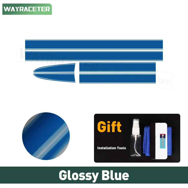 Glossy blue vinyl bonnet stripe decals for Fiat 500, including installation tools, shown as flat strips on white.