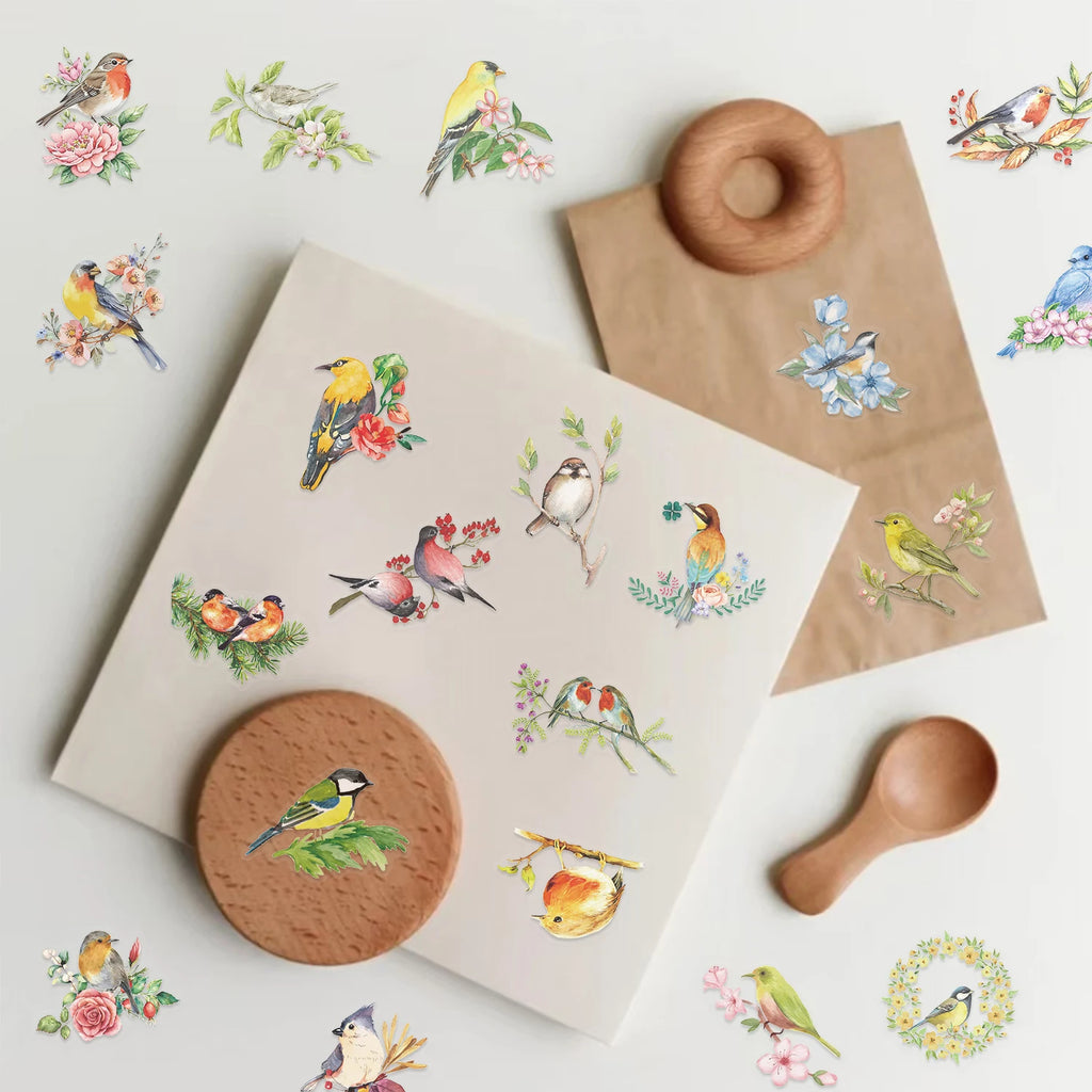 50pcs transparent watercolor bird PET stickers for aesthetic DIY scrapbooking, journaling, and creative craft decoration.