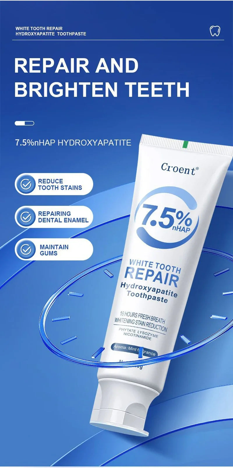 Tidesmit whitening toothpaste with hydroxyapatite for plaque removal, stain reduction, and gum health support.