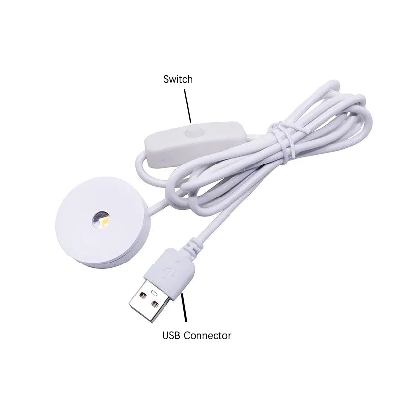 USB recessed puck light with built-in switch and USB connector on white cord