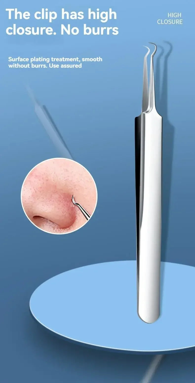 Silver curved-tip metal tweezers for extracting blackheads, shown with a circular inset demonstrating skin use.