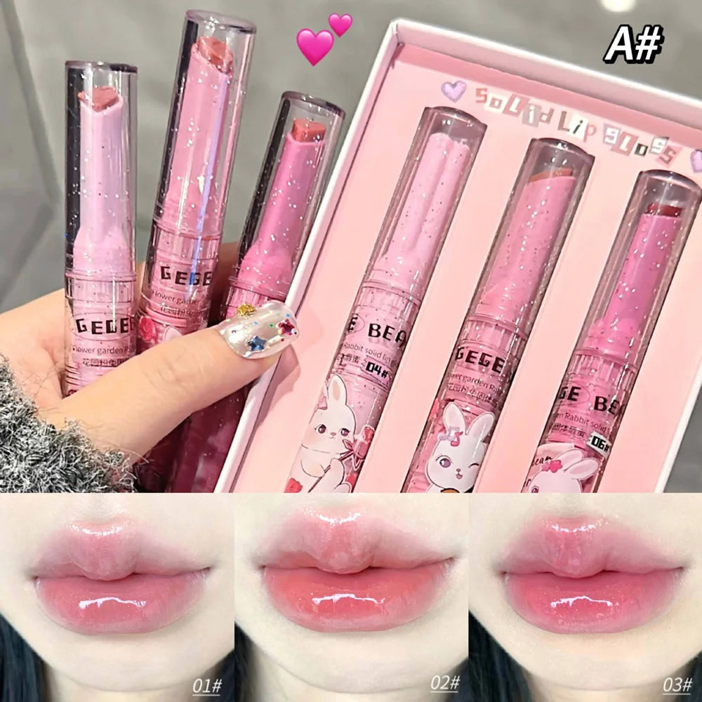 Gege Bear Garden Rabbit solid lip gloss set featuring moisturizing, watery, tinted lip balm for a glossy finish.