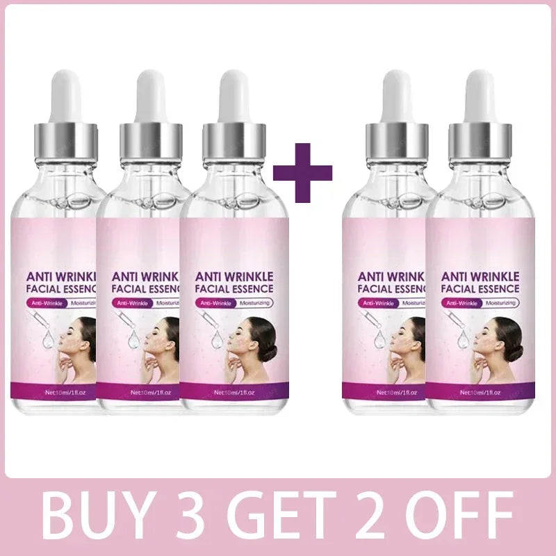 Anti-wrinkle facial essence serum set in dropper bottles for firming, moisturizing, and elastic skin care.