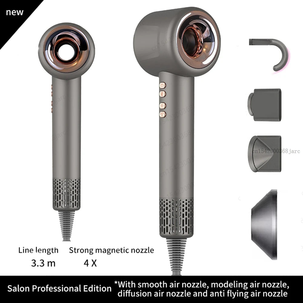 Grey 1600W ionic leafless hair dryer with 4 magnetic styling attachments for professional salon hair care at home.