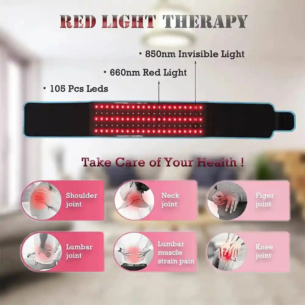 Red LED light therapy belt with 105 LEDs for pain relief on shoulders, neck, fingers, lumbar area, and knees.
