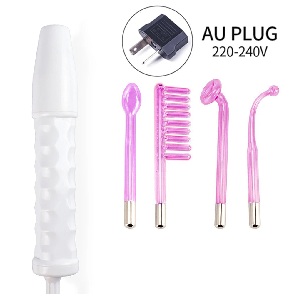 White handle with four interchangeable purple glass electrode attachments and an AU plug adapter for skincare.
