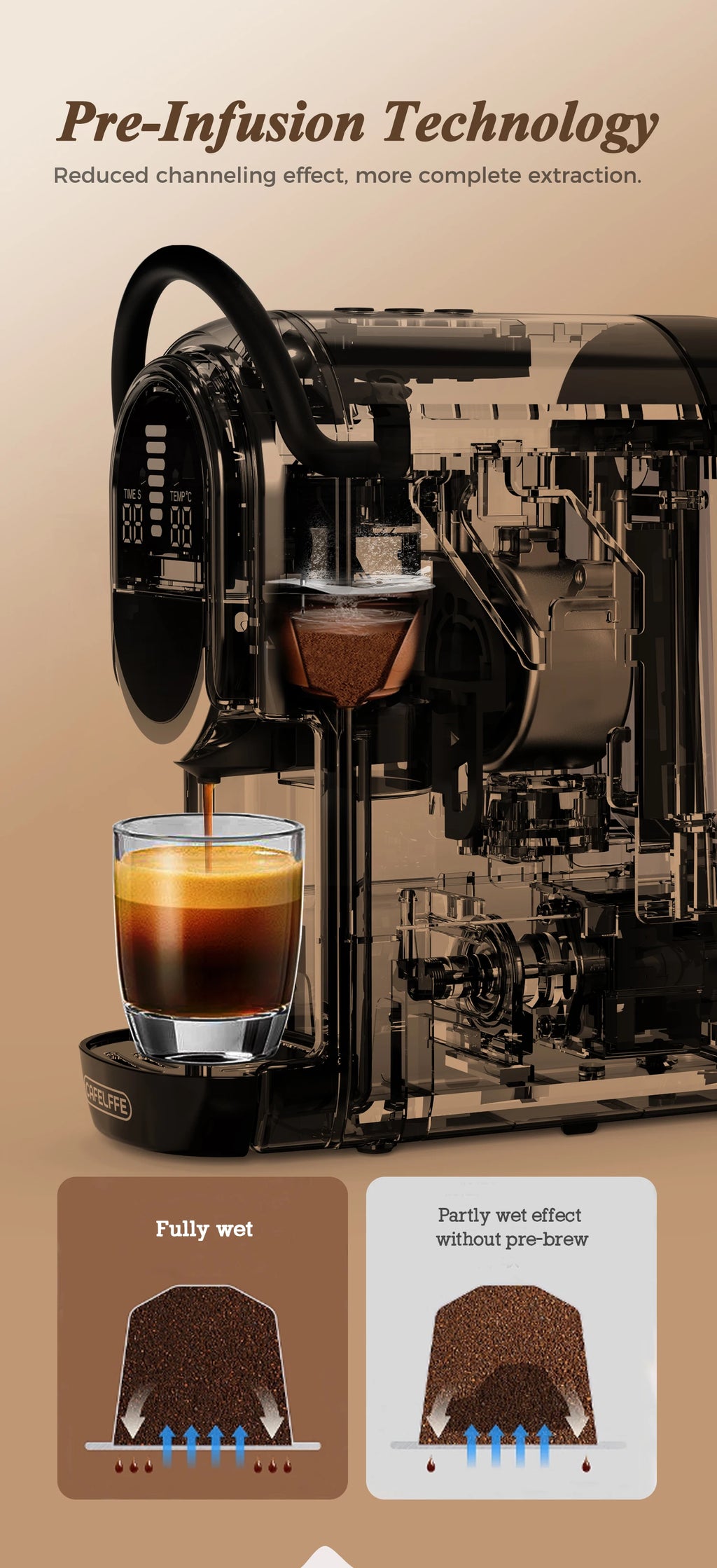 Transparent black coffee machine with pre-infusion technology brewing espresso into a small glass cup.