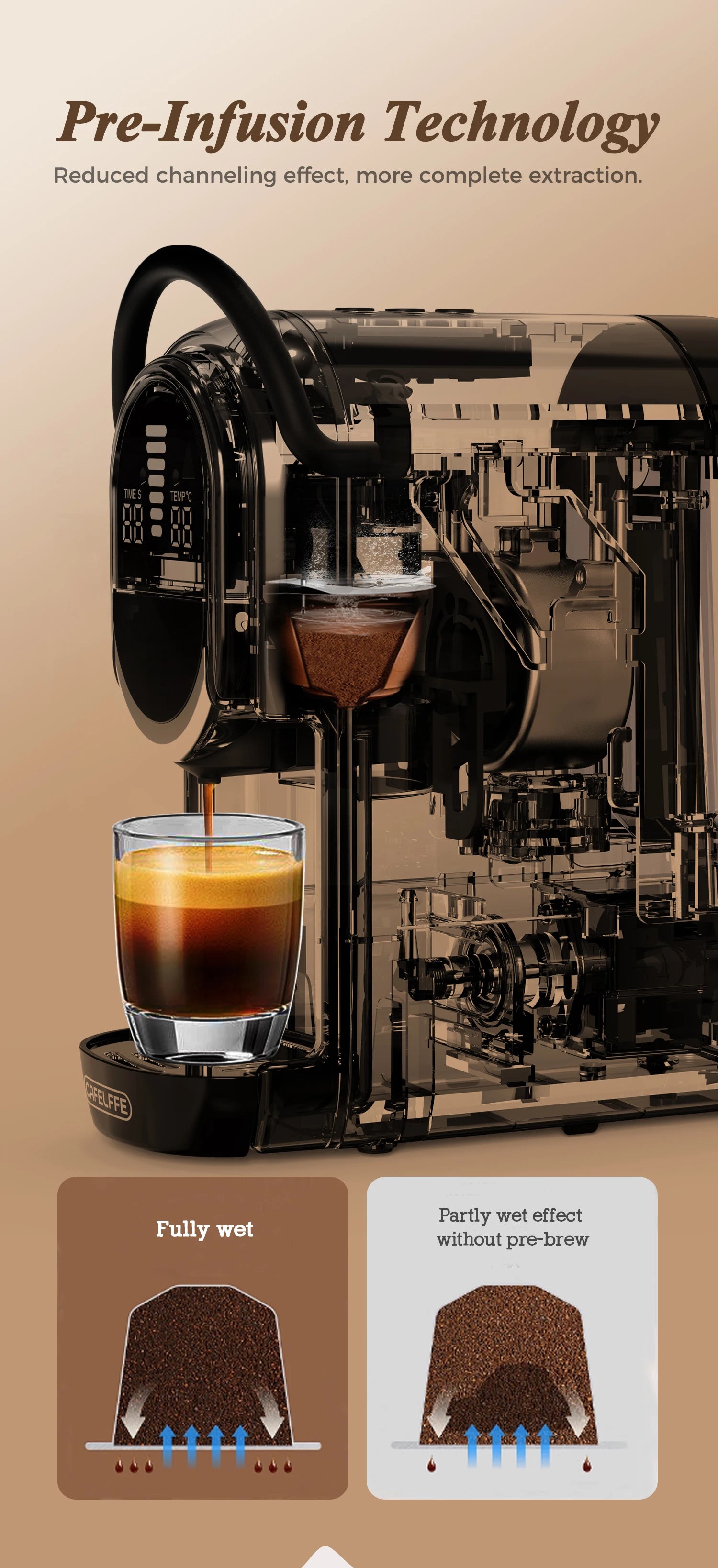 Transparent black coffee machine with pre-infusion technology brewing espresso into a small glass cup.
