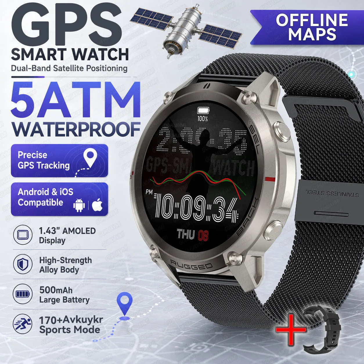 New Rugged GPS Sport Smartwatch 1.43" AMOLED Screen 5ATM Waterproof Offline Map Compass 500mAh Smart Watch for Men Android iOS