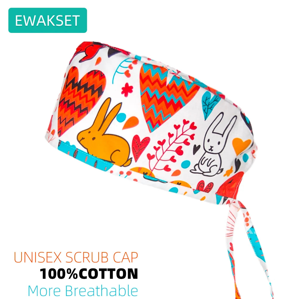 Unisex 100% cotton scrub cap with cute bunny and heart print, adjustable fit, breathable for vet or nurse use.