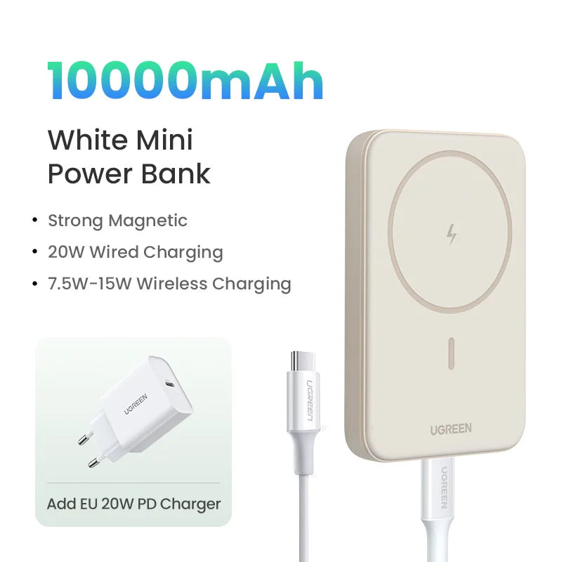 Magnetic Power Bank 10000mAh for MagSafe iPhone - Fast Wireless Charging 10000 White Bundle Tidesmit