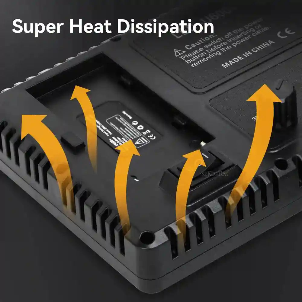 Black rectangular video light panel with vents, power switch, and battery slot, illustrating internal heat dissipation.