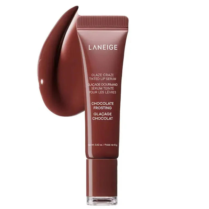 Laneige Glaze Craze Tinted Lip Serum in Chocolate Frosting, a glossy, rich brown hydrating lip treatment.