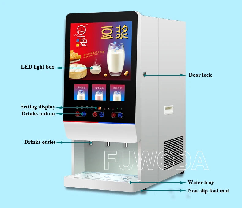 Fuwoda commercial soy milk dispenser, white metal machine with LED display, touch buttons, and triple drink outlets.