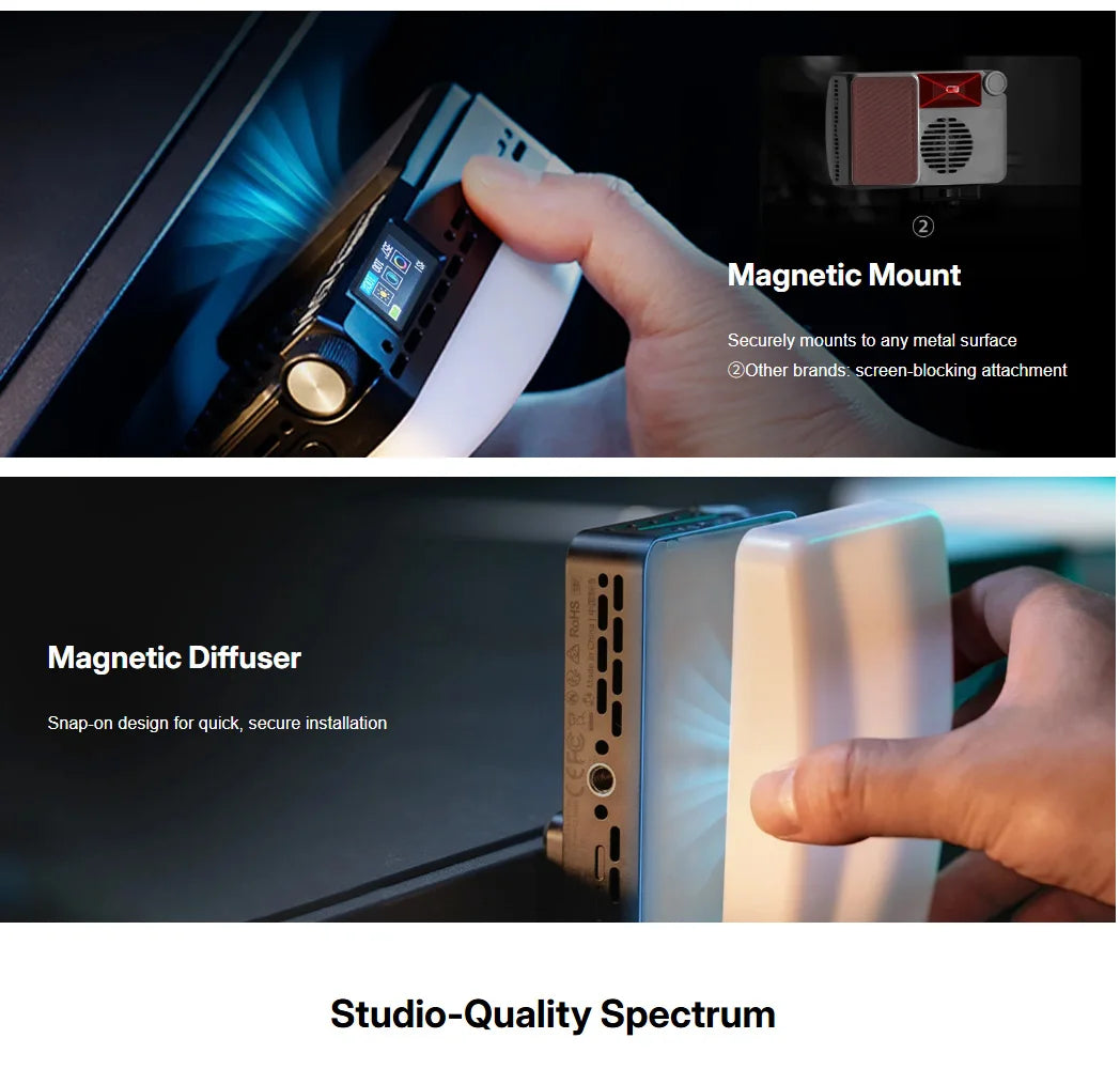 Magnetic LED video light with detachable white diffuser, featuring a metal frame, control dial, and display screen.