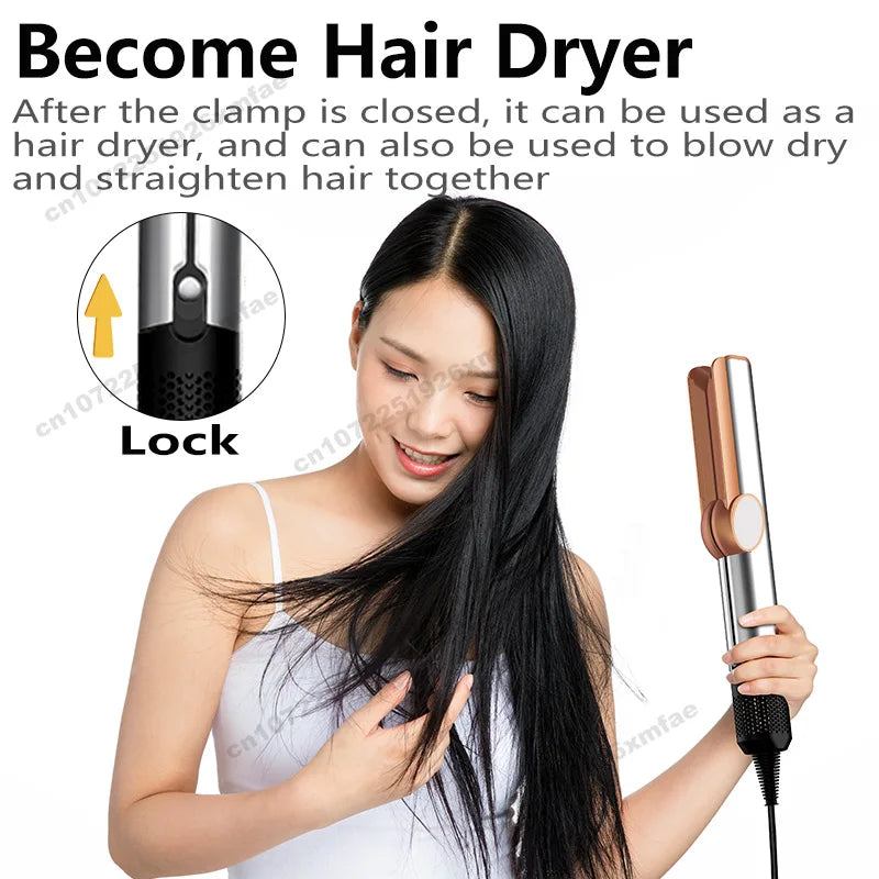 Rose gold and silver 2-in-1 hair dryer and straightener iron with locking feature for professional salon styling.
