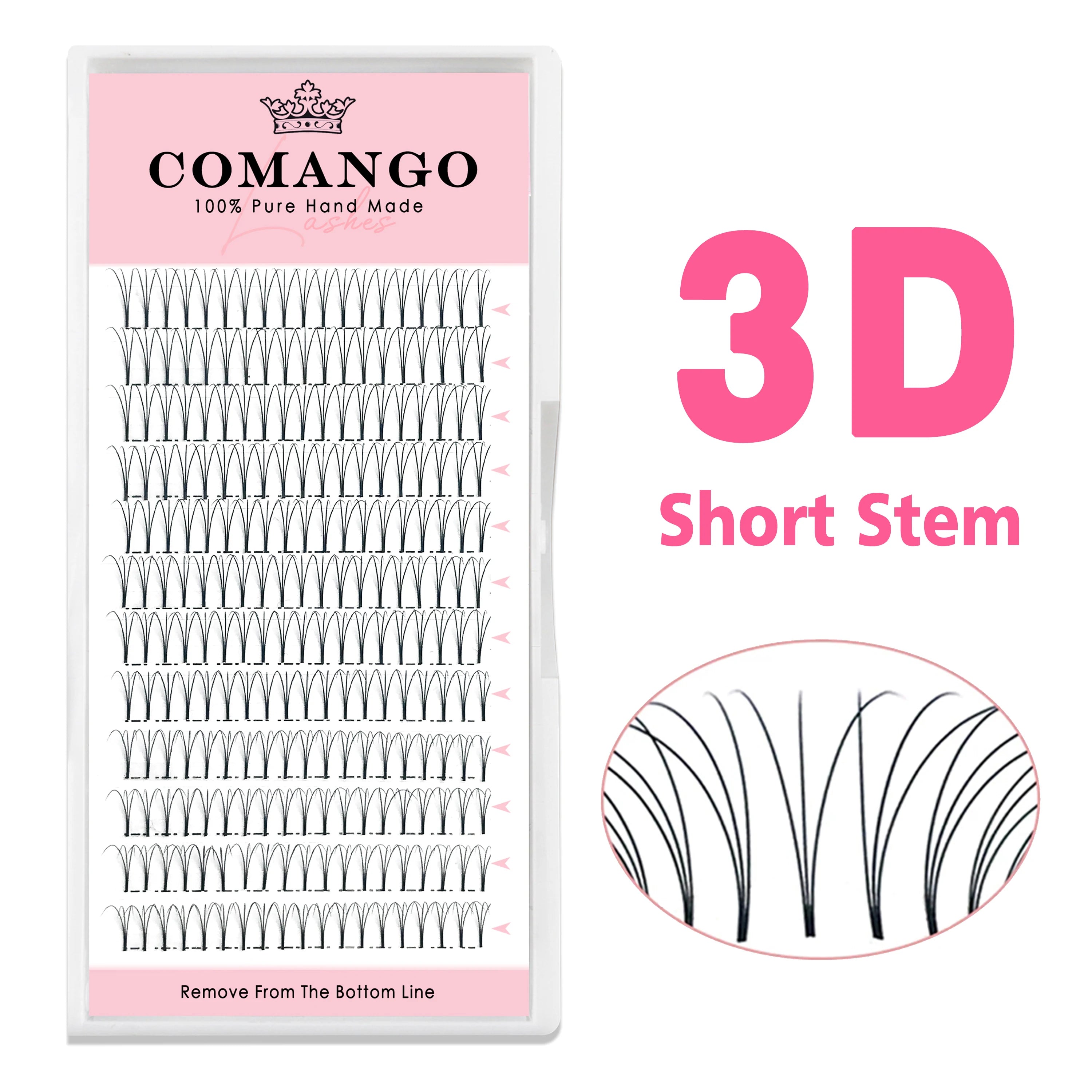Tray of black 3D short-stem premade Russian volume lash fans with pink branding and a magnified view of the lash.