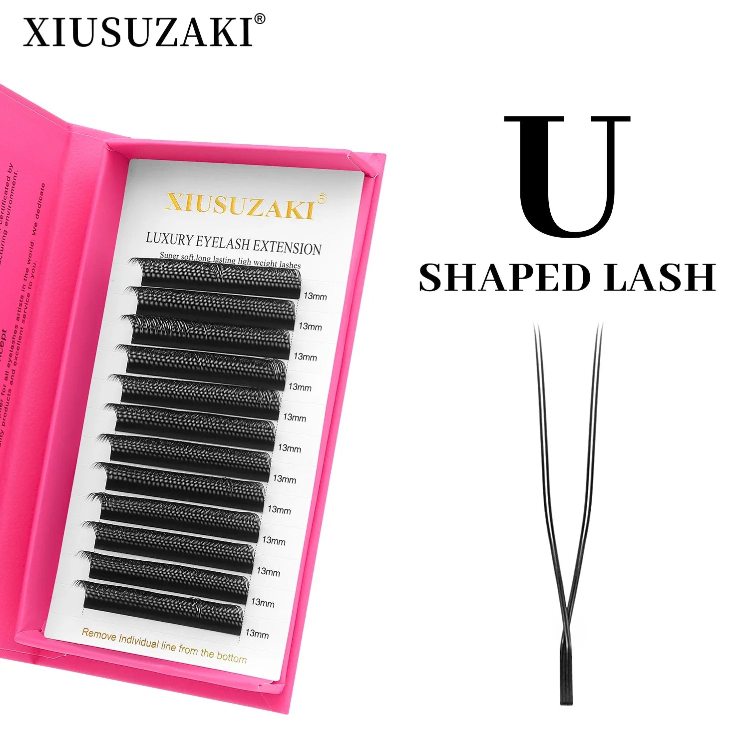 U-shaped black eyelash extensions in a pink storage case, including 13mm rows and precision tweezers for application.