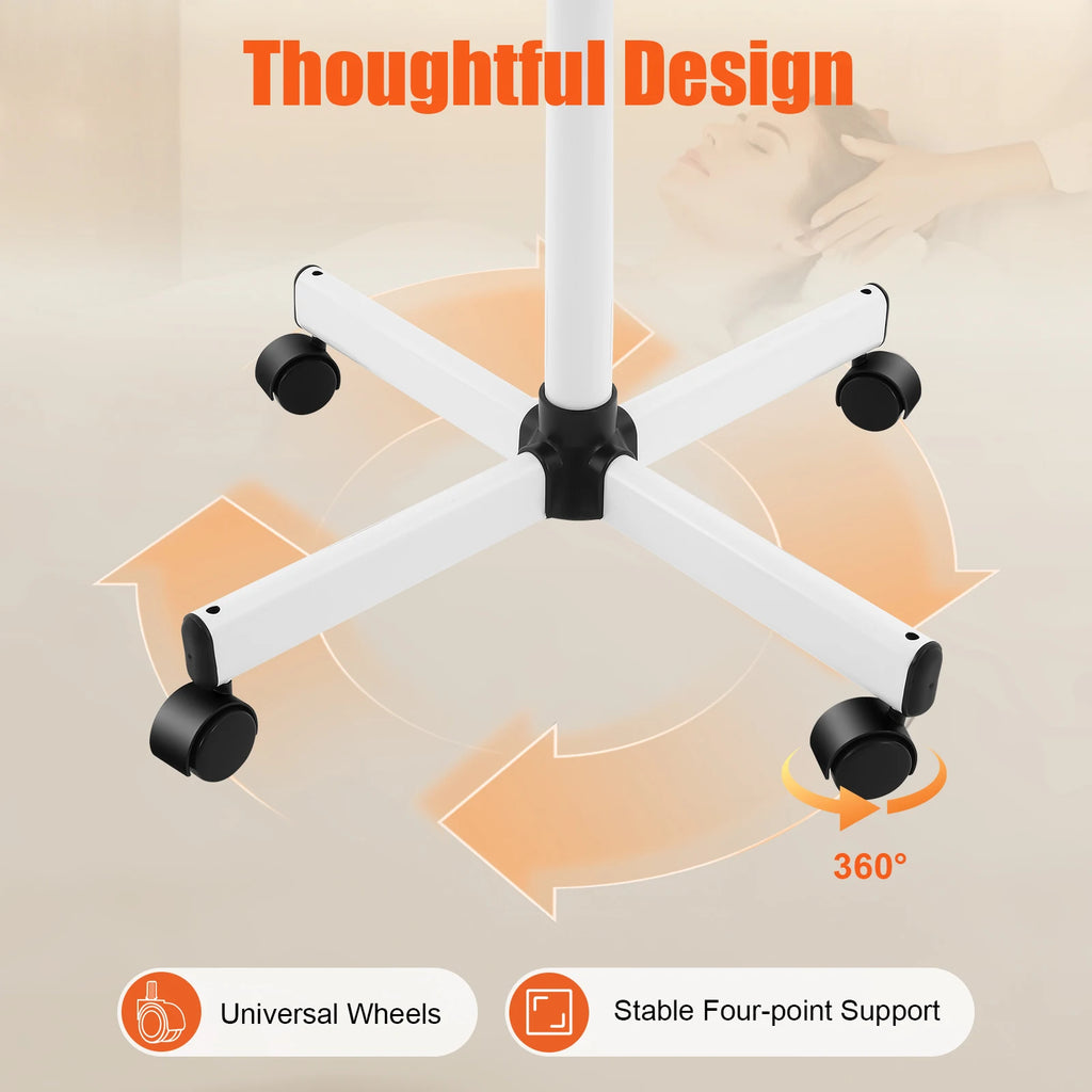White professional facial steamer base with 360-degree swivel wheels and stable four-point support for spa use.