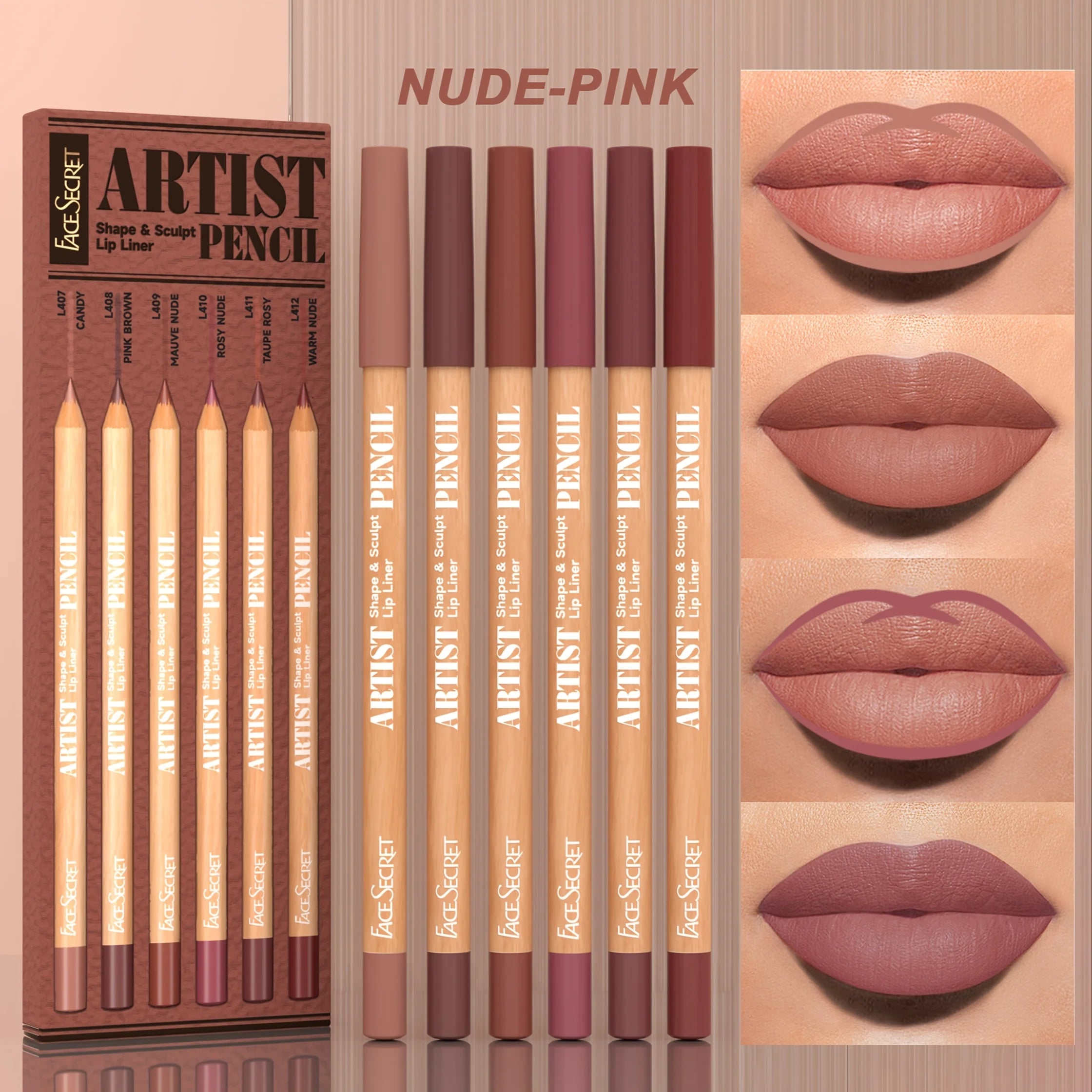 6pcs Face Secret nude-pink matte lip liner set with velvety texture for long-lasting, waterproof lip definition.
