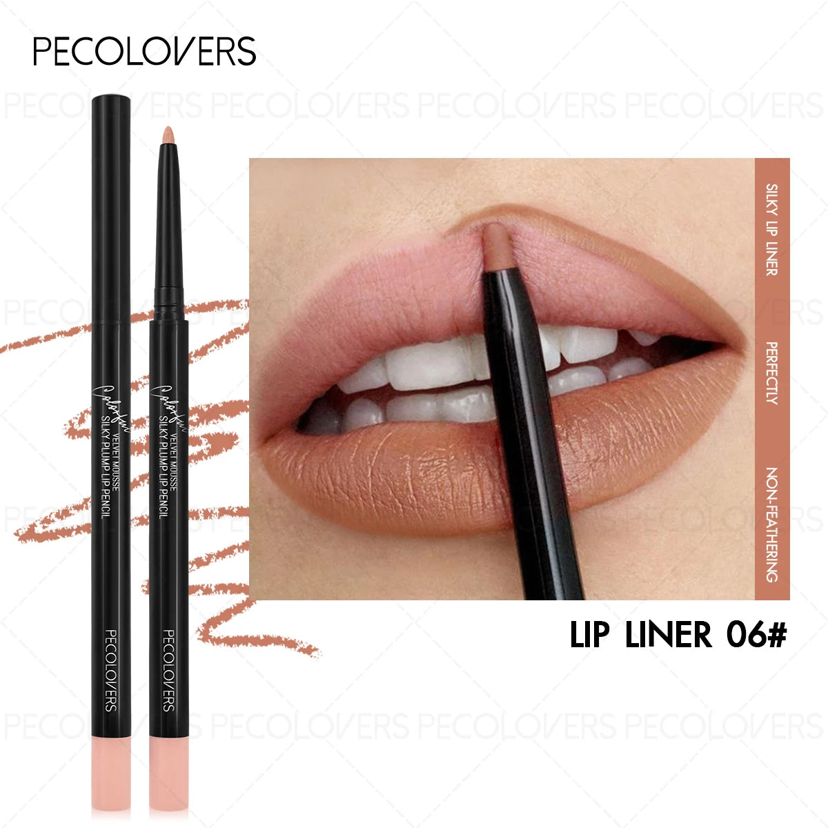 Waterproof matte lip liner pencil in shade 06, showcasing a long-lasting, silky nude pigment on lips.
