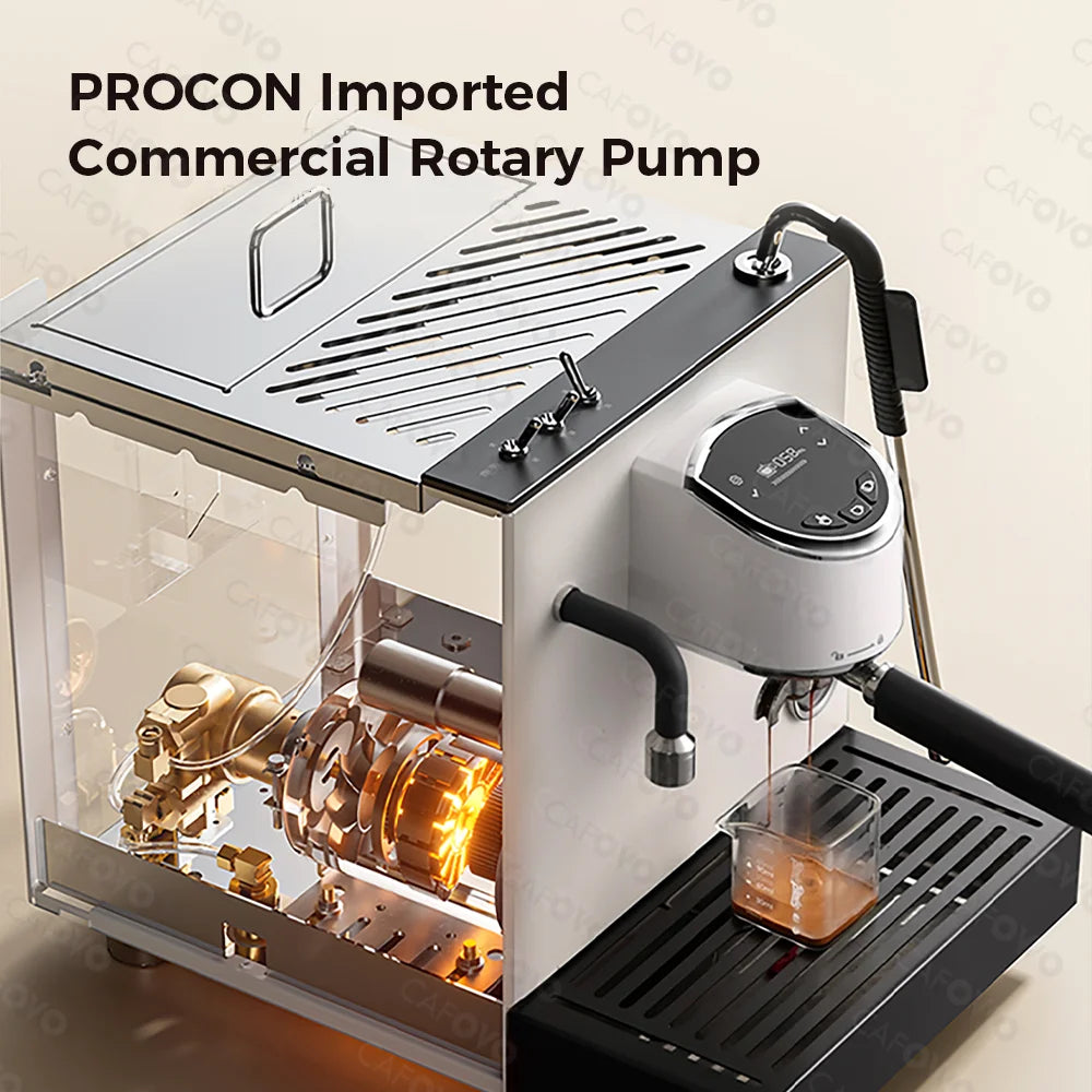 Cafovo commercial espresso machine with Procon rotary pump, white metal finish, and transparent internal view.