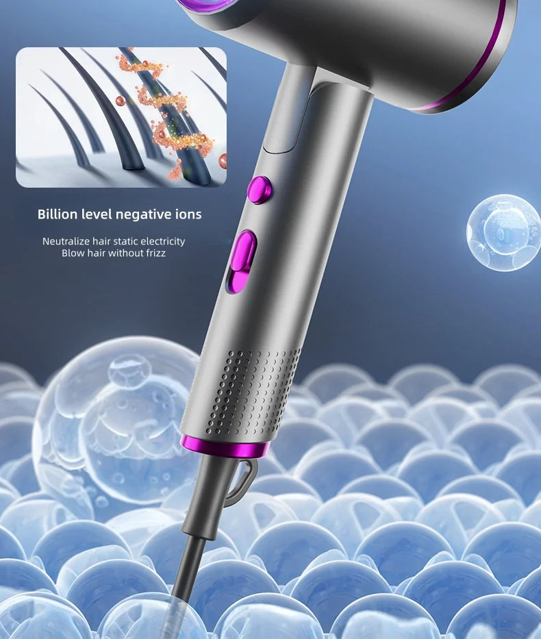 2400W foldable ionic hair dryer, silver with purple accents, features anti-frizz negative ion tech for smooth hair.